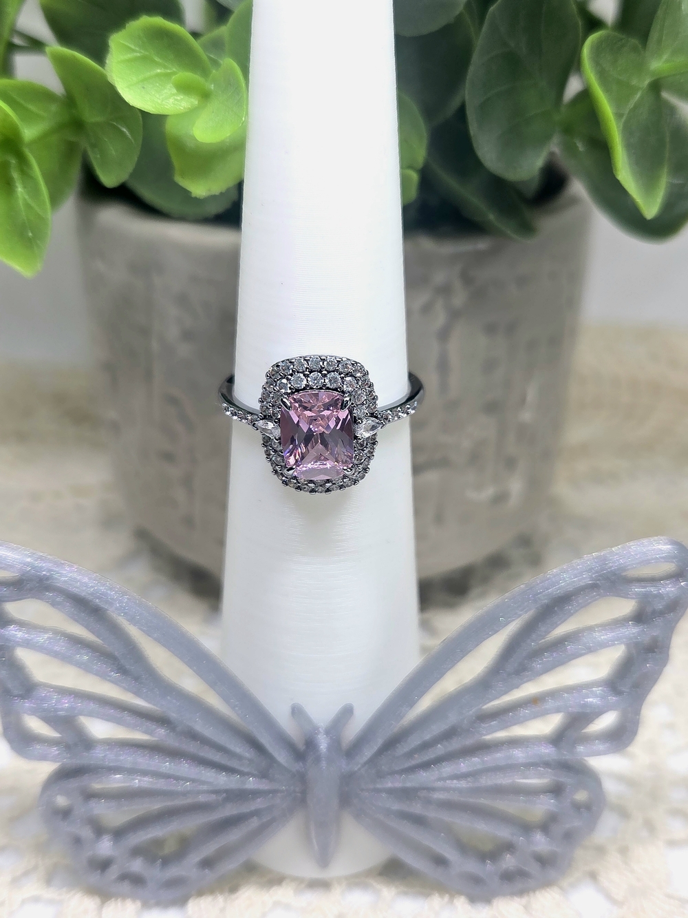 Pink Halo Cushion Ring in Silver